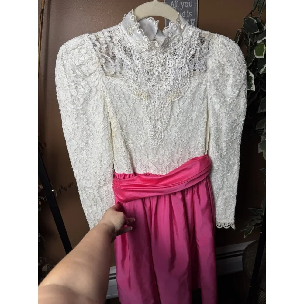 Vintage Dorissa International Nicole Dress Lace Pearls Taffeta Party Hot Pink 14